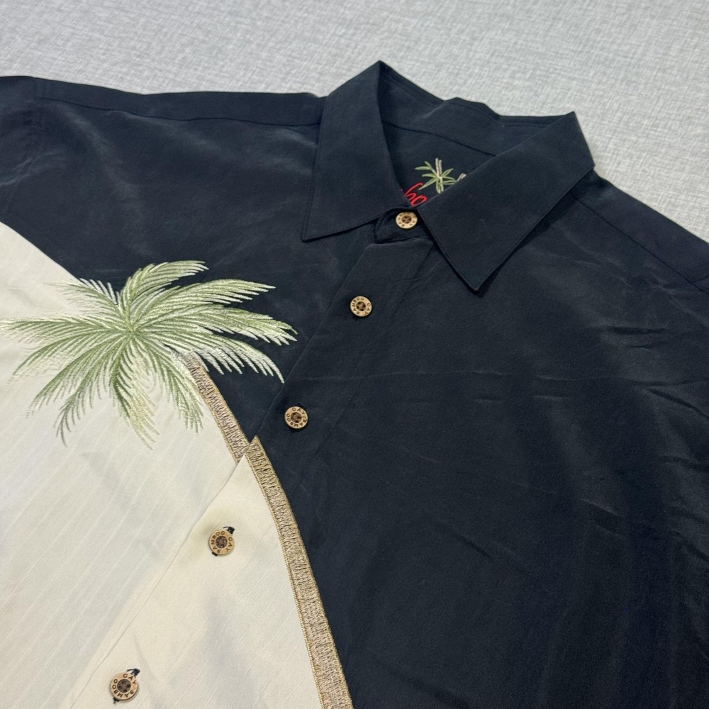 Bamboo Cay Button-Up Shirt Mens L Black Colorblock Palm Embroidered Short Sleeve